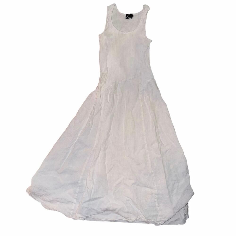 Fenini white ribbed bodice linen dress XS lagenlook skirt ties coastal cottage